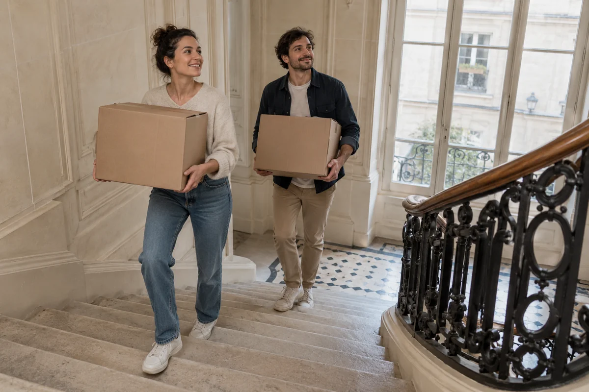 Illustration générée par IA : deux personnes transportant des cartons dans un escalier