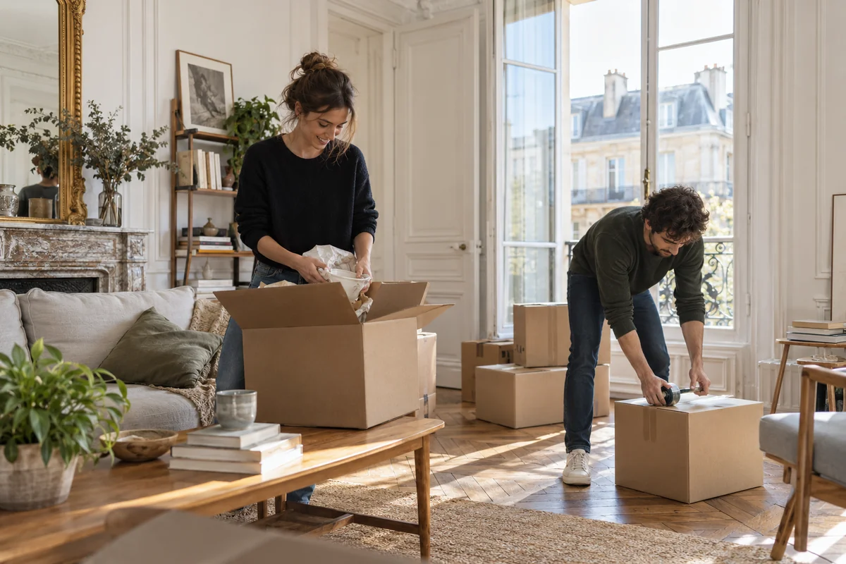 Illustration générée par IA : deux personnes entourées de cartons dans un logement