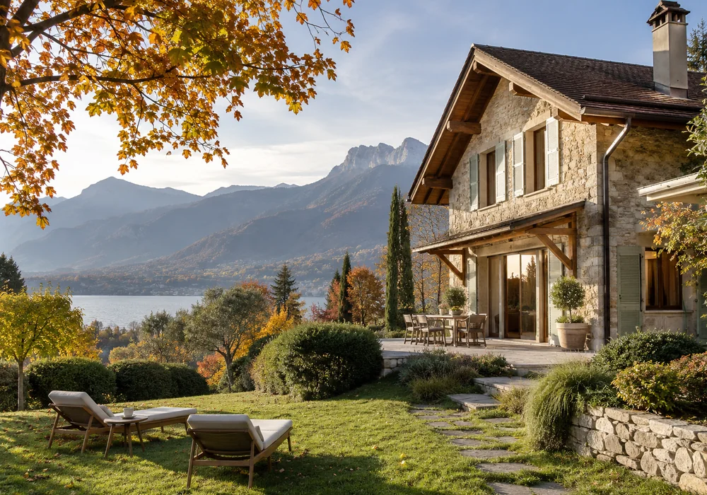 Illustration générée par IA : maison de campagne entourée d’arbres aux couleurs d’automne près d’Annecy
