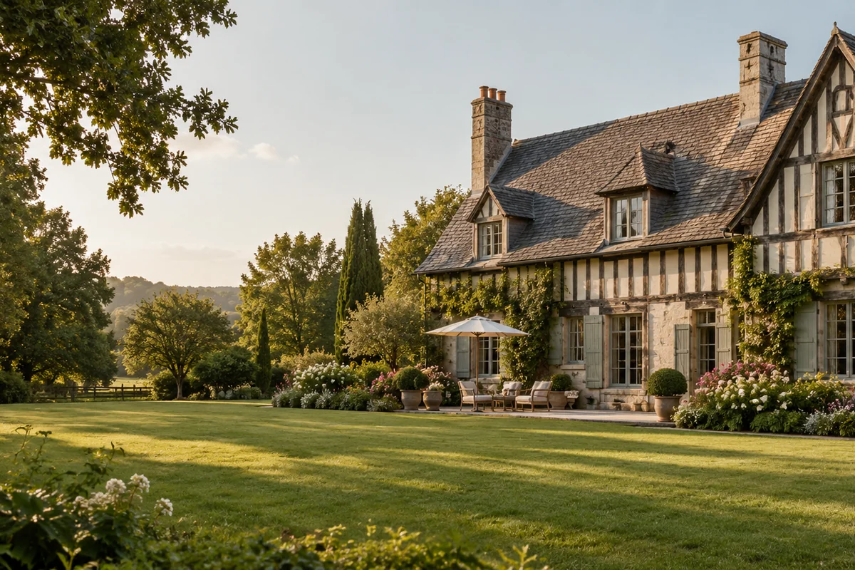 Illustration générée par IA : maison à colombages dans un jardin fleuri en Normandie