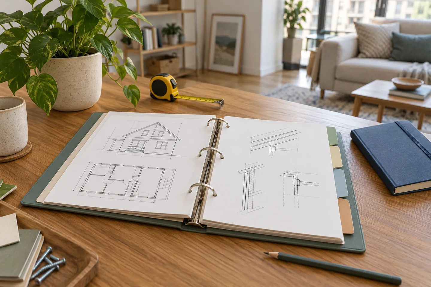 Illustration fictive générée par IA : Classeur technique fictif, carnet et mètre sur une table