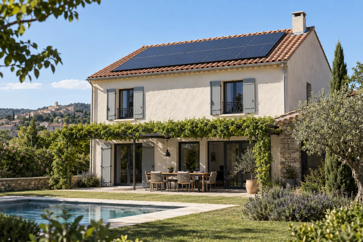 Illustration générée par IA : panneaux solaires installés sur le toit d’une maison