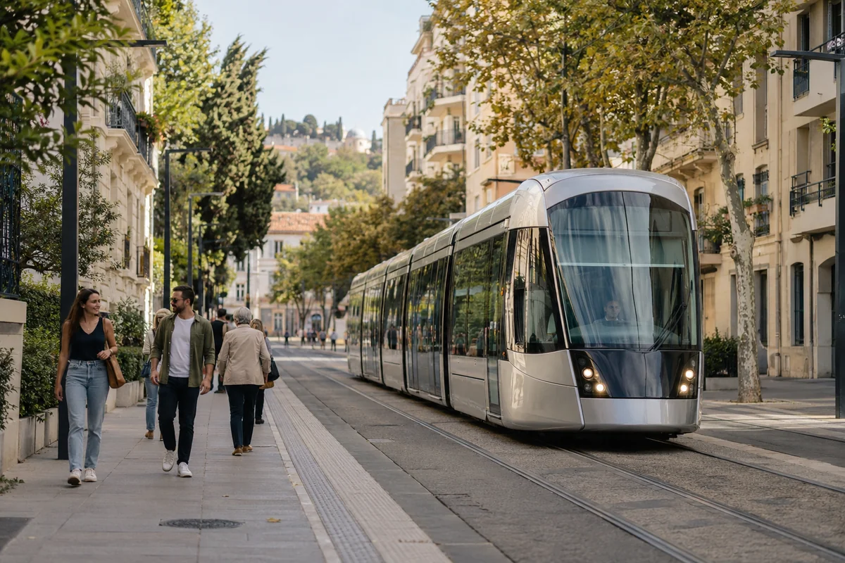 Illustration générée par IA : piétons sur un trottoir longeant un tramway
