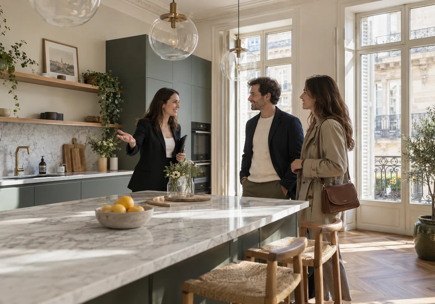 Illustration générée par IA : agent immobilier faisant visiter une cuisine moderne à deux personnes
